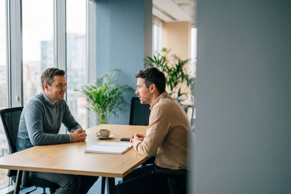 Two people talking over documents in a bright office
