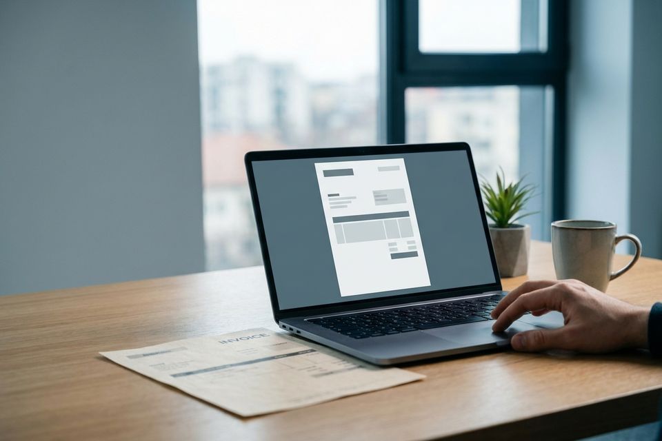 A laptop showing electronic invoices on a bright desk