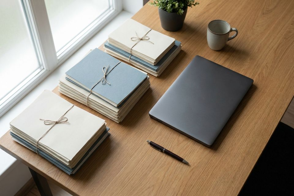 Documente ordonate și un laptop pe un birou curat