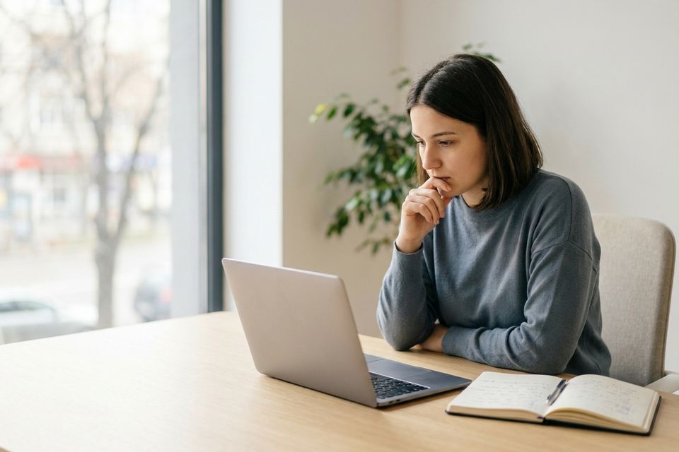 A young founder working on a laptop in a bright space