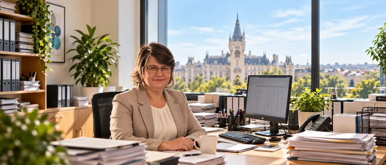 Mihaela Neacsu, chartered accountant, at the Lexco Expert office in Iasi, with the Palace of Culture through the window