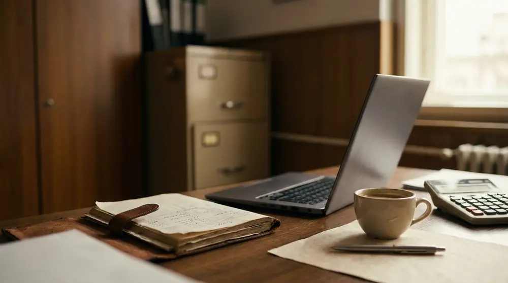 A desk with an accounting ledger, a laptop, a calculator and a coffee