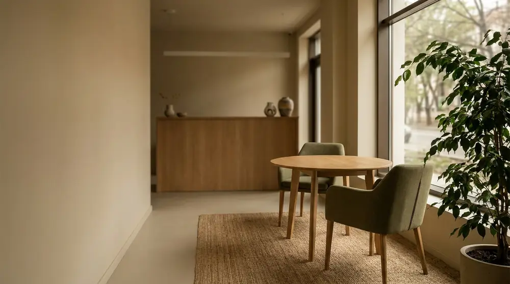 A welcoming corner of an office, with a table, chairs and daylight