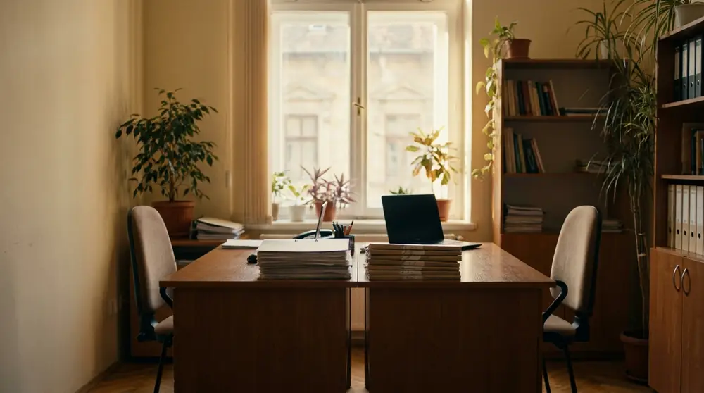A quiet office with two desks and a window looking over the city
