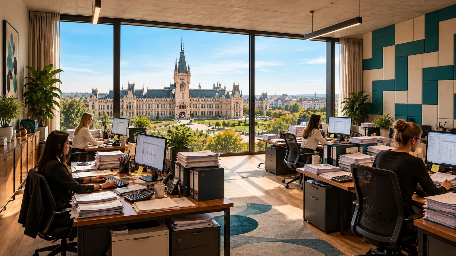 The Lexco team at work in the office, with the Palace of Culture in Iasi through the window