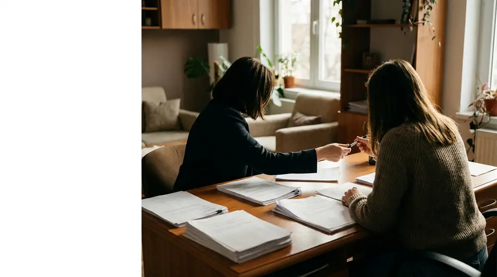Two people at a desk signing company registration paperwork