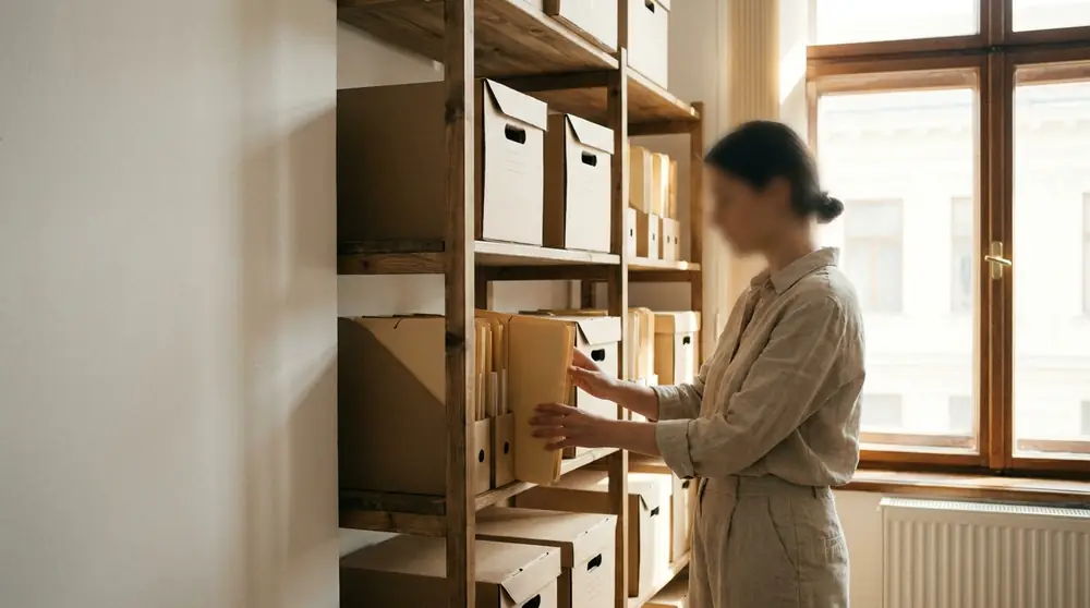 Archive boxes and labelled folders arranged neatly on a shelf