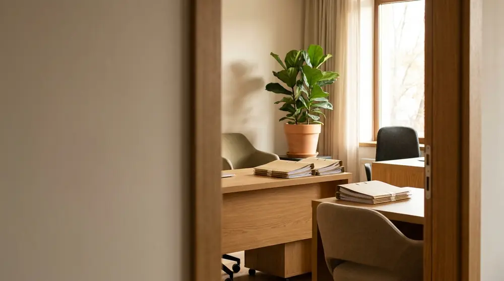 An accounting office with neatly stacked folders and daylight